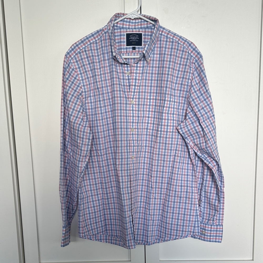 Charles Tyrwhitt Men's Blue and Pink Checkered Shirt